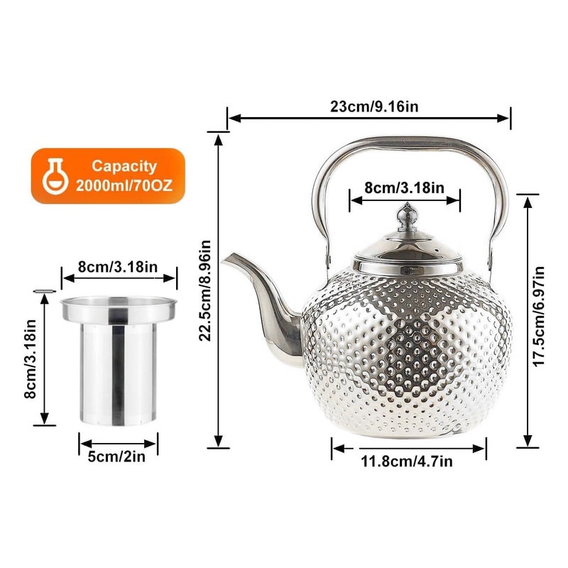 SANQIAHOME 2000ml teapot with Infuser stainless steel Water Boilers lifting handle Tea Maker Water Kettle for Induction/Gas silver - Image 3